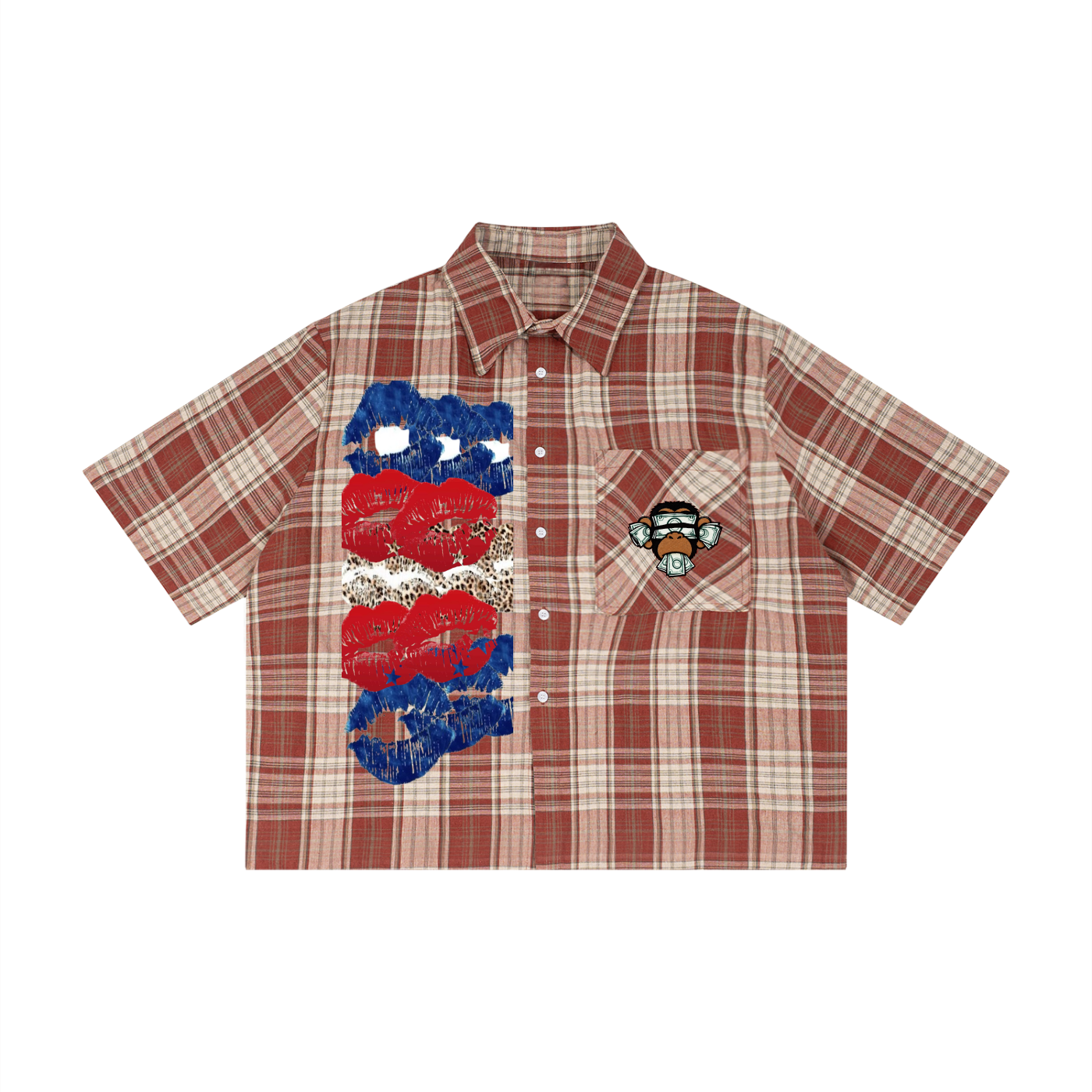 NO EVIL plaid shirt, front view in Red plaid