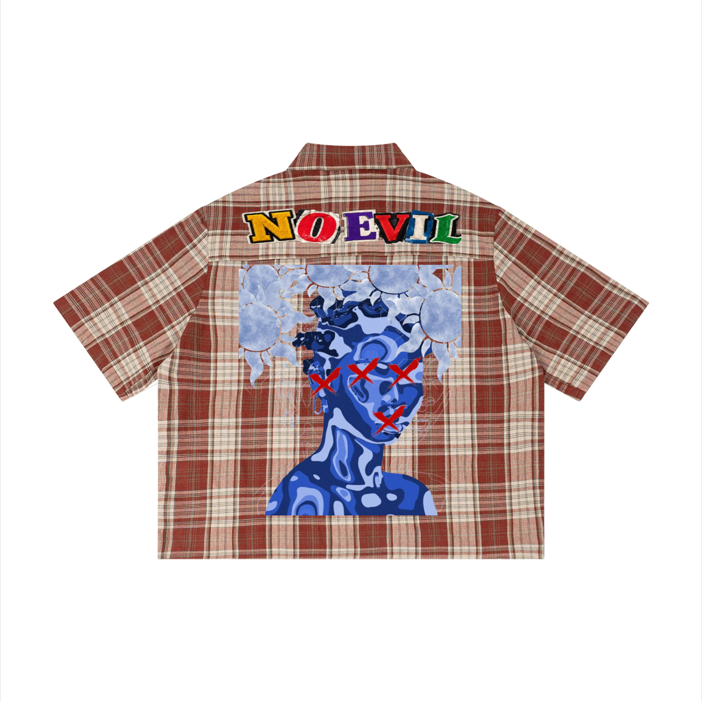 NO EVIL plaid shirt, back view in Red plaid