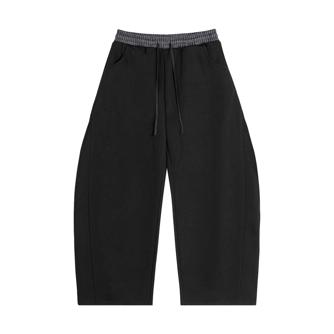 Plaid-waistband sweatpants, front view in Black