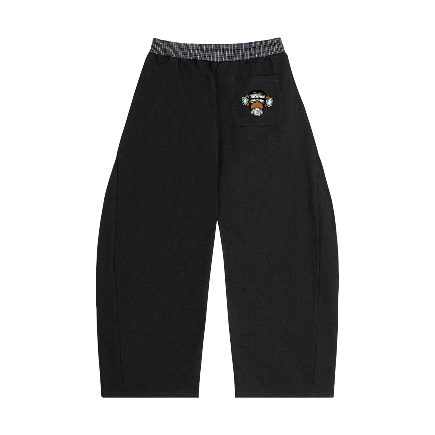 Plaid-waistband sweatpants, back view in Black