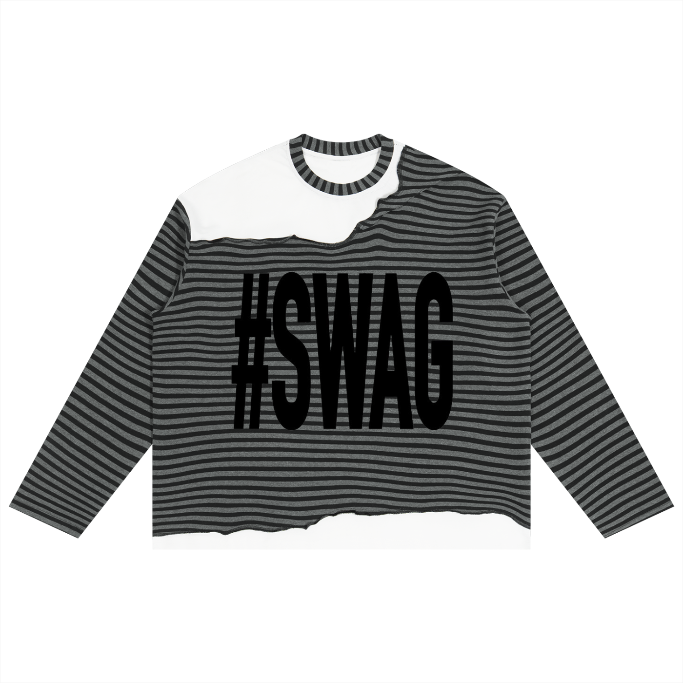 #SWAG striped long sleeve, front view in Grey